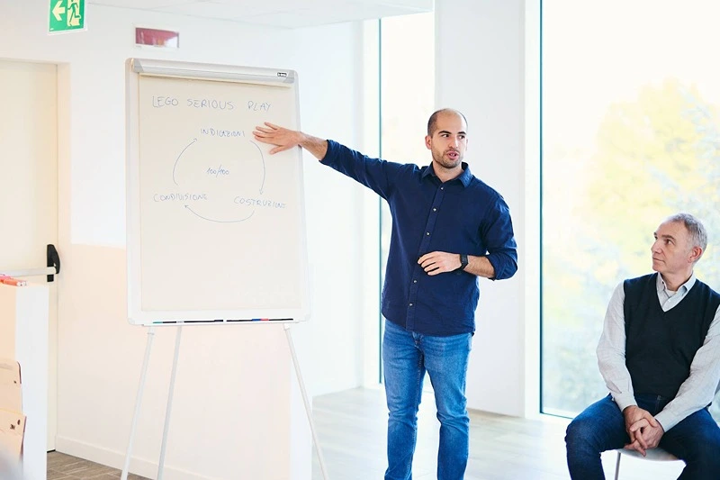 Mrcos Sanchez facilitatore LEGO che spiega alla lavagna a fogli mobili