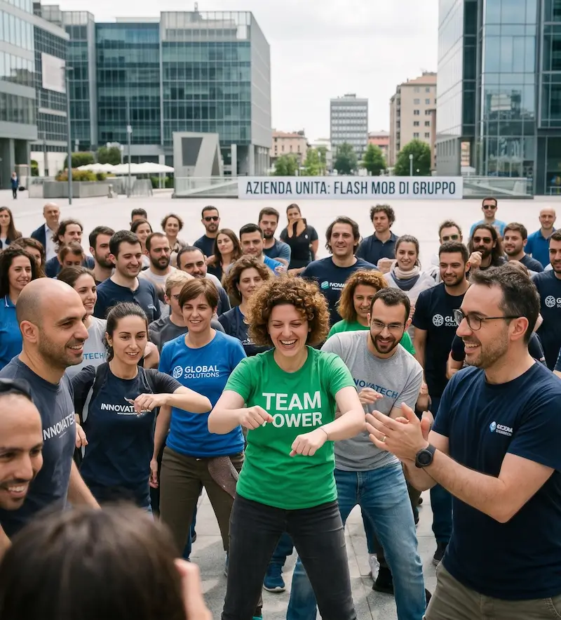 Gruppo di lavoro affiatato che festeggia durante l'attività di team building #OneTeamShow per aziende (immagine creata tramite IA).