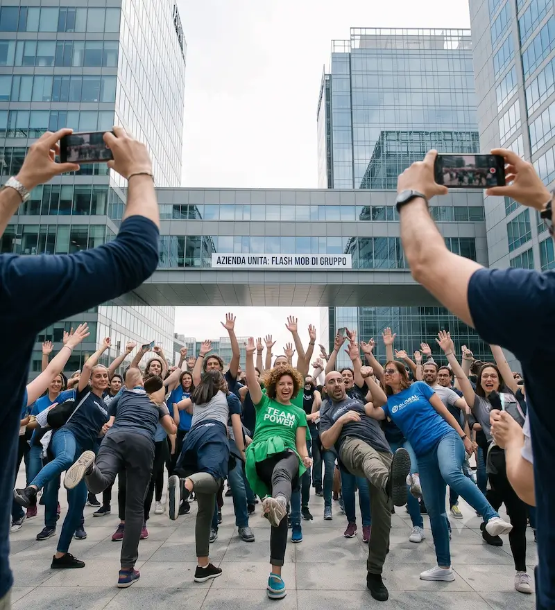 Partecipanti a un evento di team building indoor #OneTeamShow di Corefab che ballano e vengono ripresi da smartphone (immagine generata con IA).
